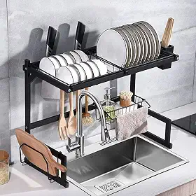 Escorredor de Louça Suspenso 2 Andares Inox Preto 65cm com Porta Talheres e Suporte para Pratos, Copos e Utensílios – Organizador de Pia Ajustável e Resistente