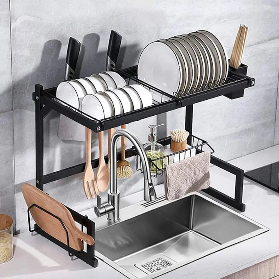 Escorredor de Louça Suspenso 2 Andares Inox Preto 65cm com Porta Talheres e Suporte para Pratos, Copos e Utensílios – Organizador de Pia Ajustável e Resistente