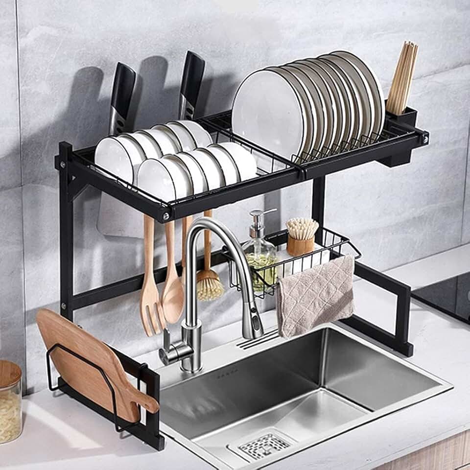 Escorredor de Louça Suspenso 2 Andares Inox Preto 65cm com Porta Talheres e Suporte para Pratos, Copos e Utensílios – Organizador de Pia Ajustável e Resistente