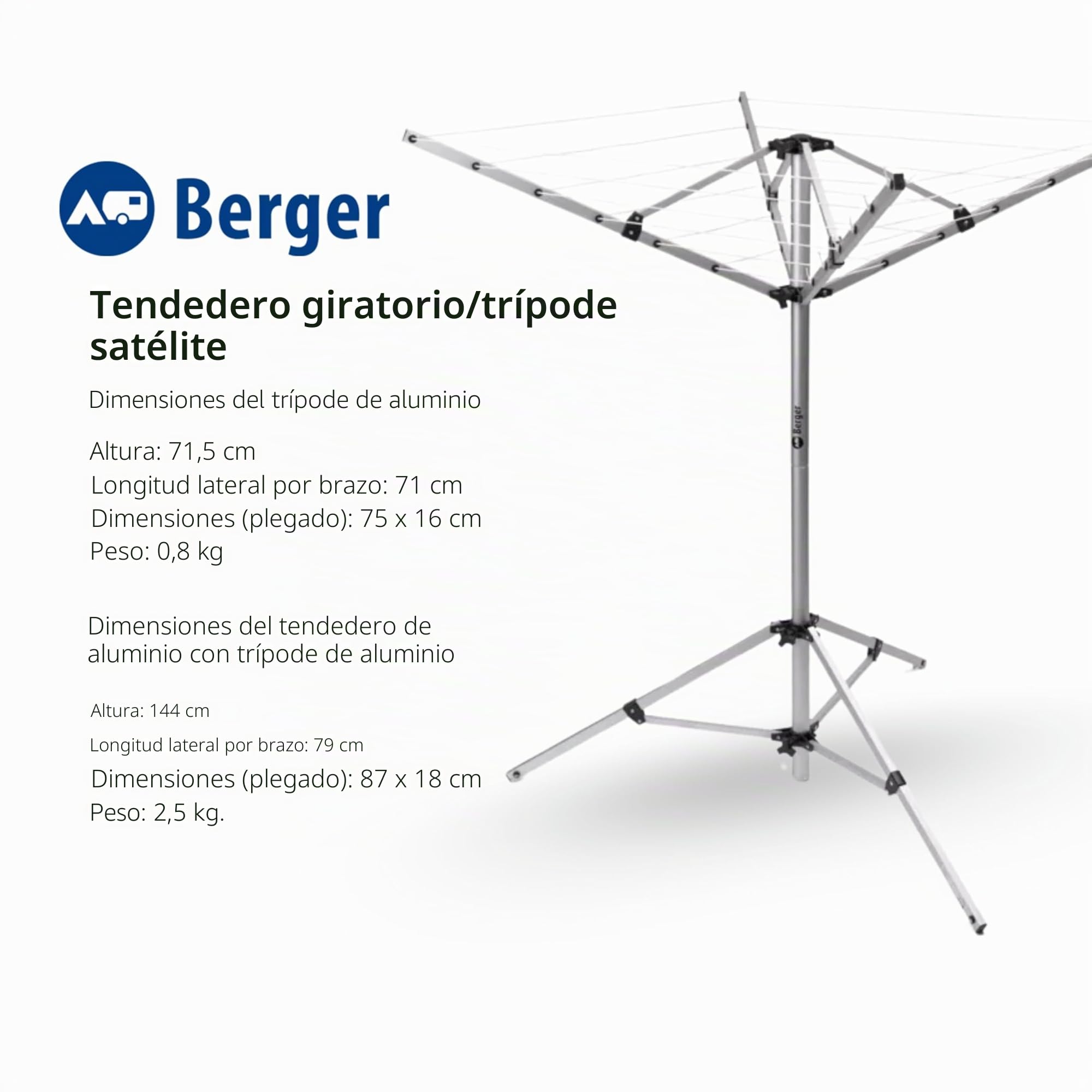 Berger | Tendedero Plegable Vertical para Camping y Exterior | Estructura Ligera y Resistente Tipo Paraguas, 15,5 m de Espacio para Colgar, Ideal para balcón, Autocaravana o jardín