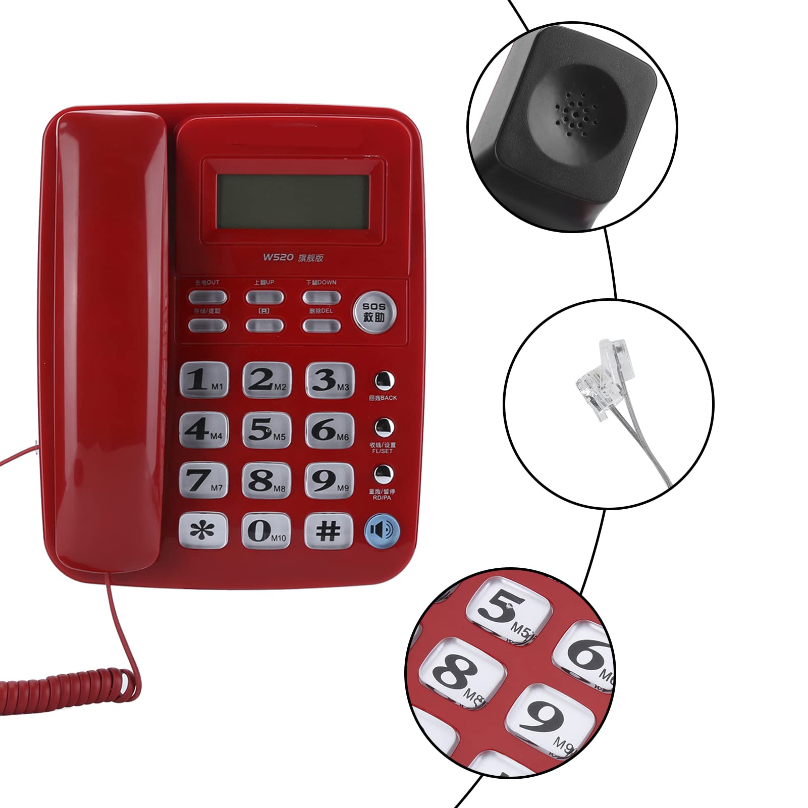 W520 Telefono Fisso con Filo Pulsante Grande Telefono Vivavoce per Ufficio Domestico con identificazione del chiamante per Affari di Famiglia(Rosso)