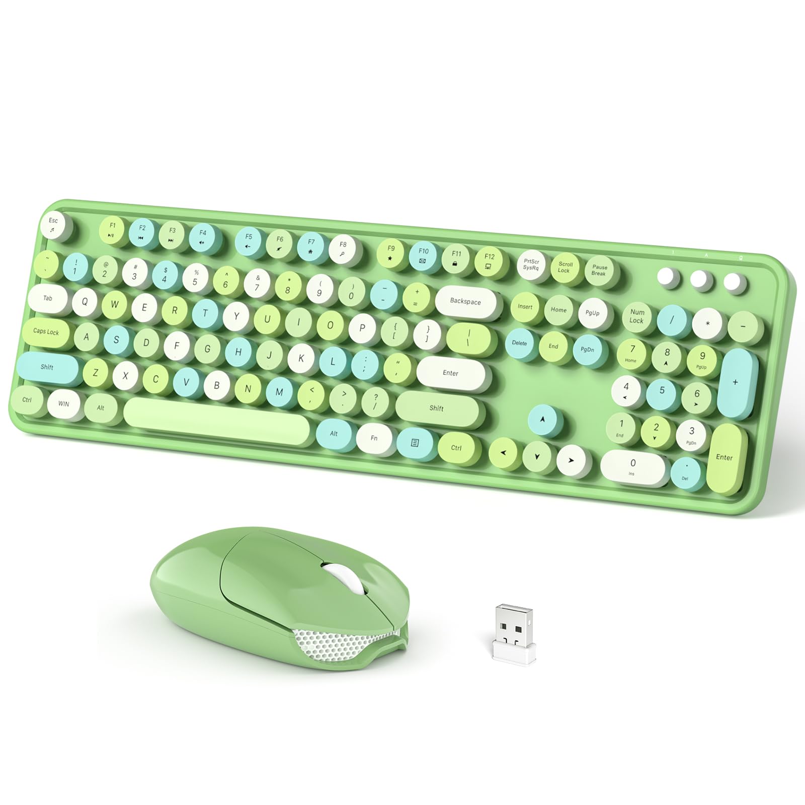 Dilter Wireless Keyboard and Mouse Combo, 104 Keys Full-Sized 2.4 GHz Round Keycap Colorful Keyboards, USB Receiver Plug and Play, for Windows, PC, Laptop, Desktop (Green Colorful)