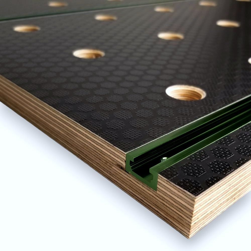 Encimera de carpintero 915 x 610 mm con agujeros de 20 mm y perfiles en T, superficie antideslizante laminada