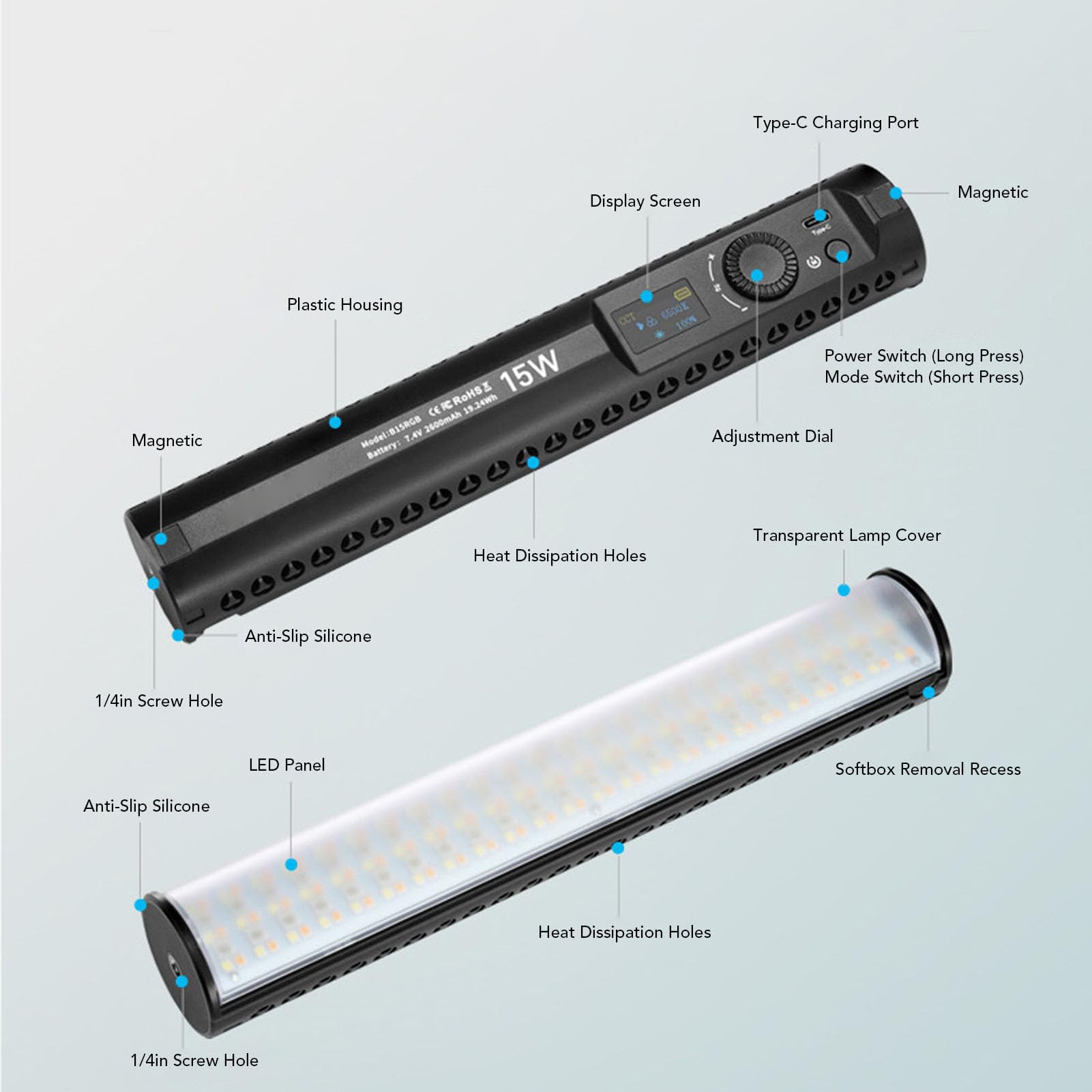 Bacchetta Luminosa Video RGB con Treppiede, Illuminazione Fotografica a LED Colorata da 15 W con estremità Magnetiche, Temperatura di Colore Regolabile