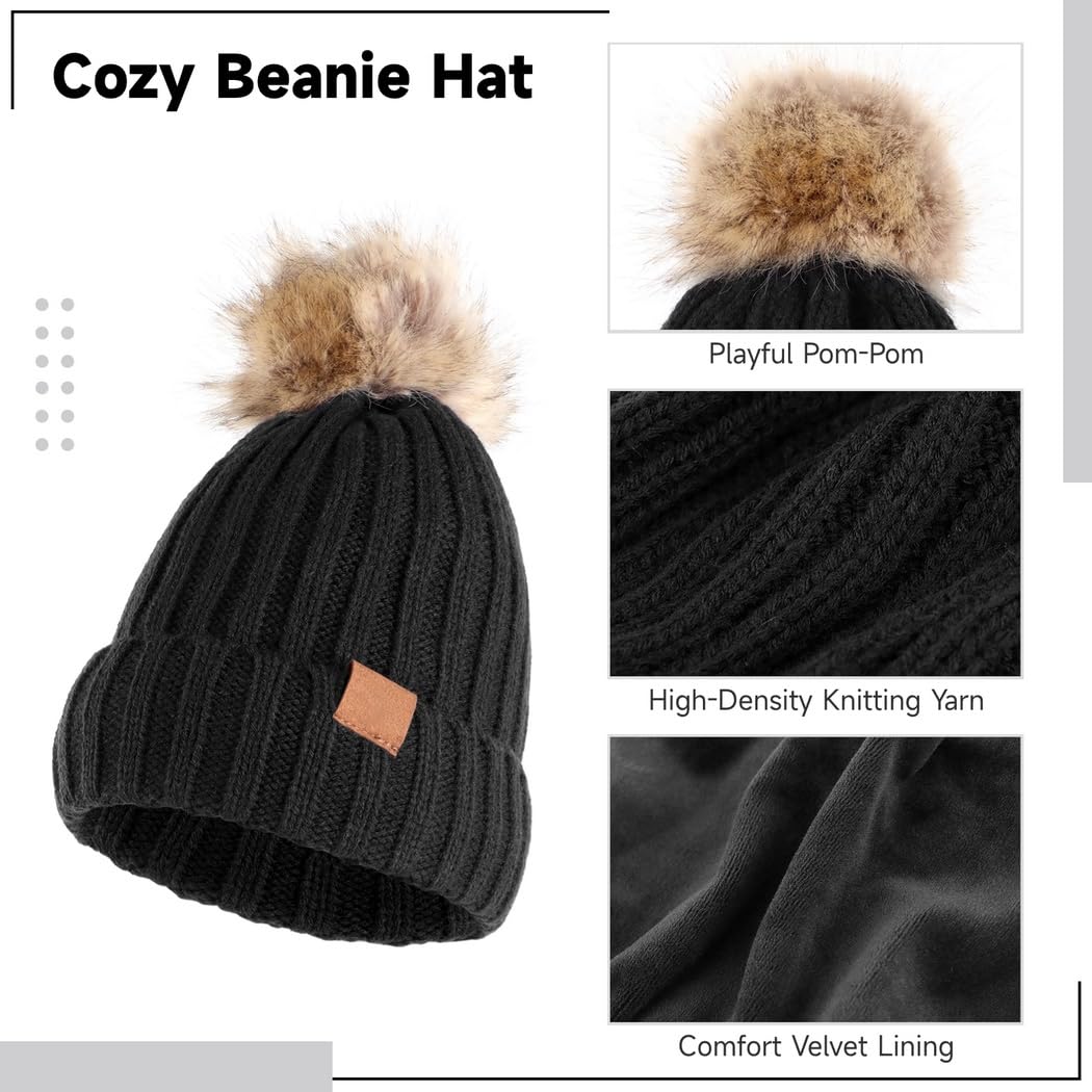 Cappello invernale da donna, guanti touchscreen, sciarpa foderata in velluto, accessori comodi per il freddo