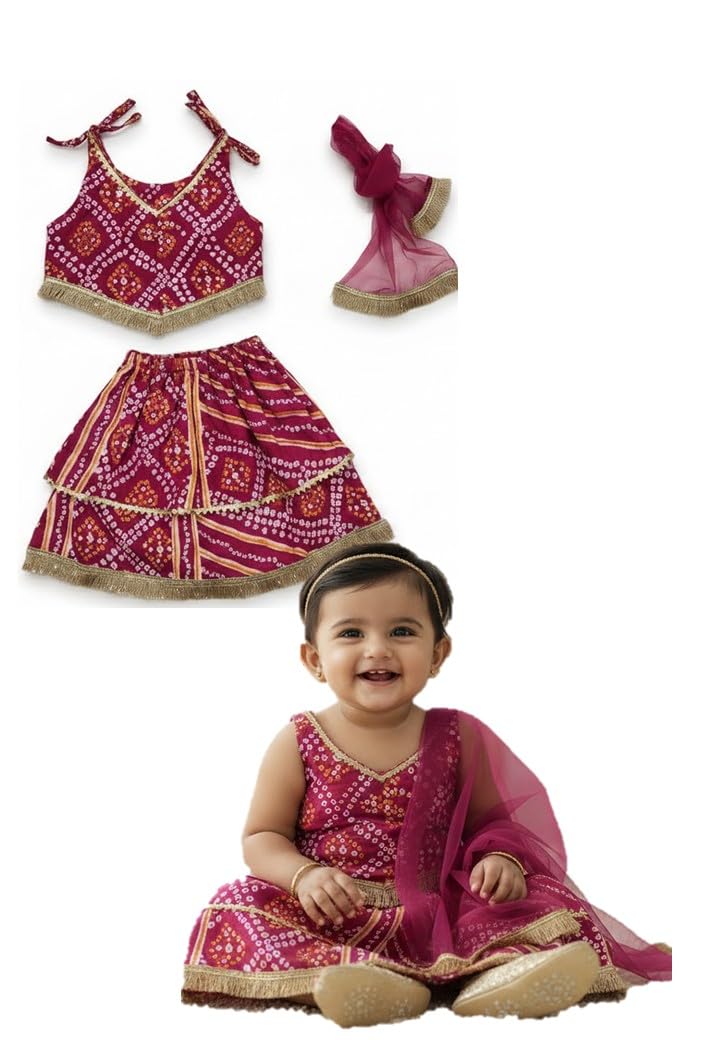 Kids Birthday Photoshoot Outfit Dress Baby Girls Bandhani printed Top With Dhoti pant & Hairband Photography Photoshoot Props(0 to 24 Month) Fuchsia pink-image-2