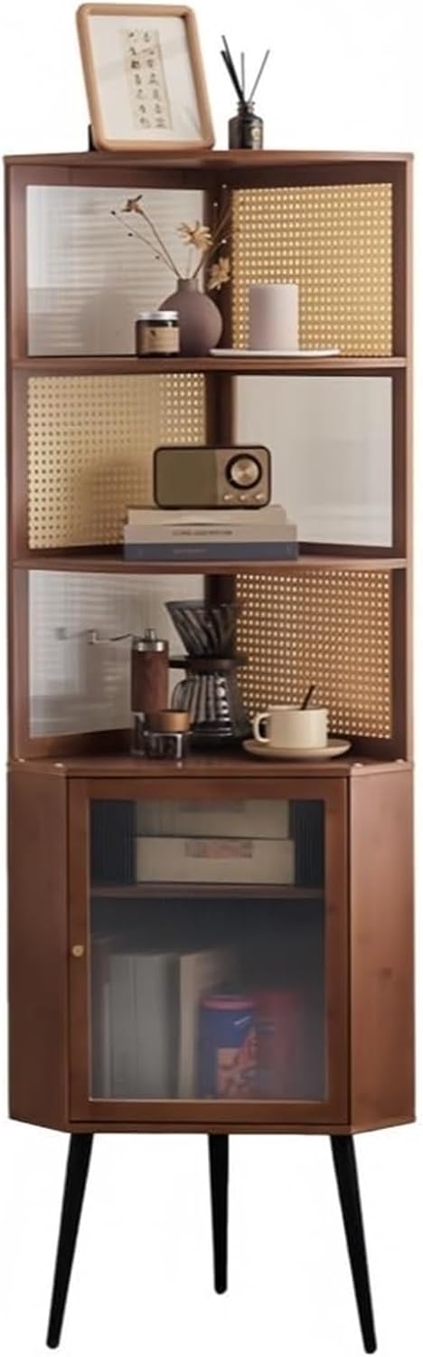 5-Tier Rattan Corner Shelf - Versatile Storage Rack & Display Case, Perfect for Living Room & Office, Space-Saving Bookcase for Stylish Home Organization