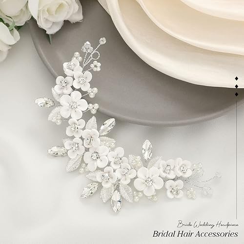 Miniatura 6 de Unicra Flor plateada novia boda pelo vid perla pieza de pelo de novia diamantes de imitación accesorios para el cabello hoja diadema para mujeres y