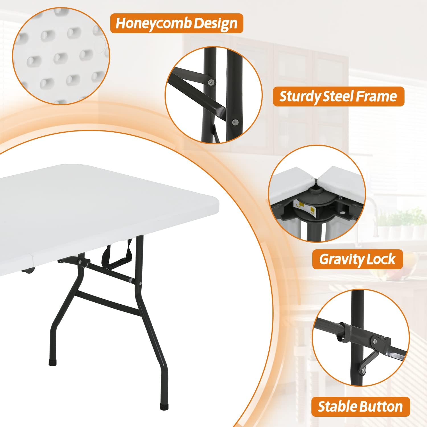 Folding Table | 6 ft Folding Picnic Table Portable | Heavy Duty Dining Table | Fold in Half with Handle and Sturdy Steel Frame for Outdoor Indoor Camping, Picnic and Party, White