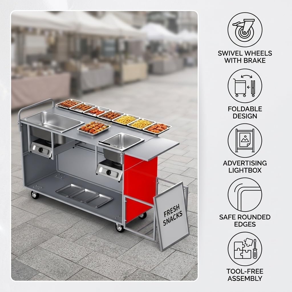 Carretto mobile per street food, Food Trailer e Food Truck completamente attrezzati, Banco espositivo portatile per mercati, street food ed eventi
