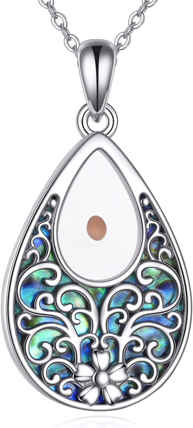 Mustard Seed Necklace for Women 925 Sterling Silver Heart Mustard Seed Pendant Abalone Shell Jewelry Gifts for Daughter Lover