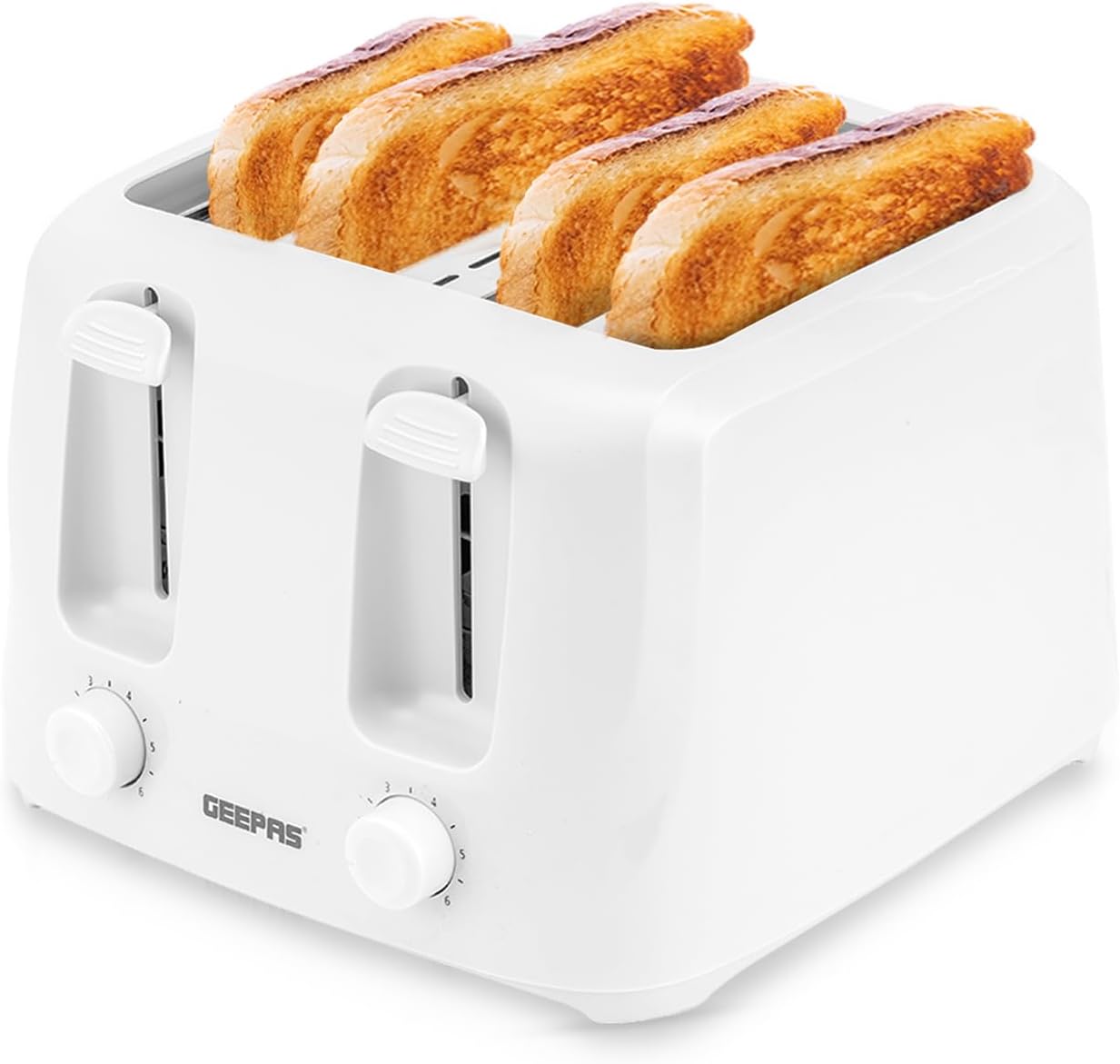 Geepas 4 Slice Bread Toaster with 6 Level Browning Control | Removable Crumb Tray, Cancel Function, Cord Storage & Cool Touch Plastic Housing | 1400W | 2 Year Warranty