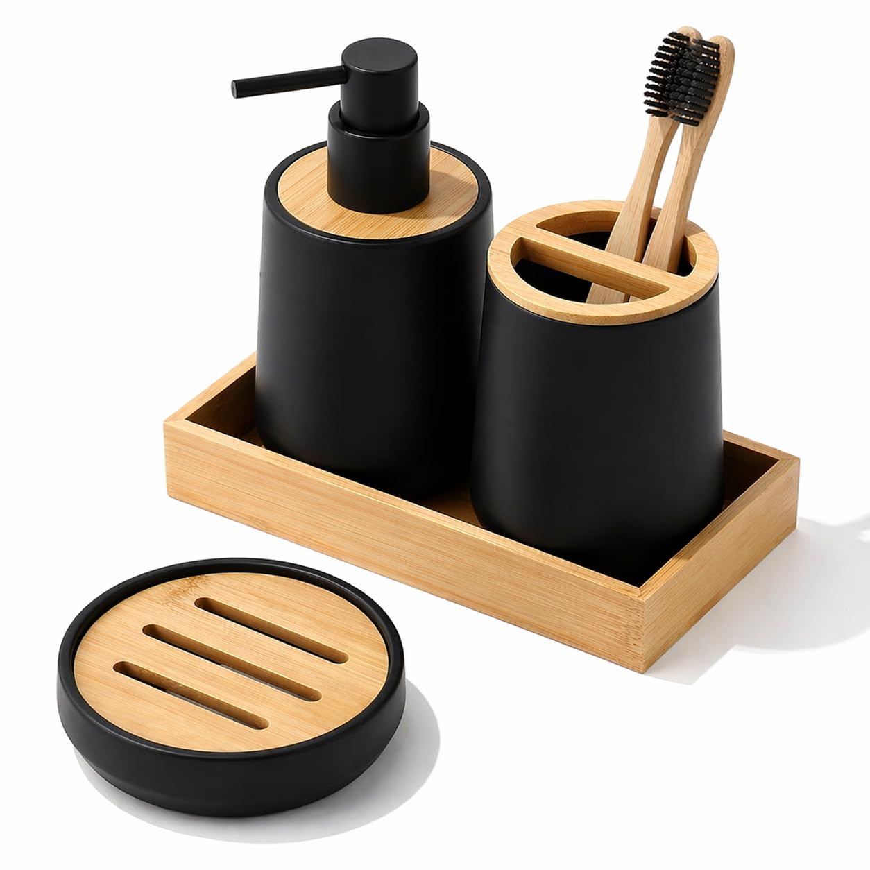 Kikzi® 4-Piece Bathroom Accessory Set, White and Natural Bamboo, Soap Dispenser, Toothbrush Holder, Soap Dish with Tray (Black)