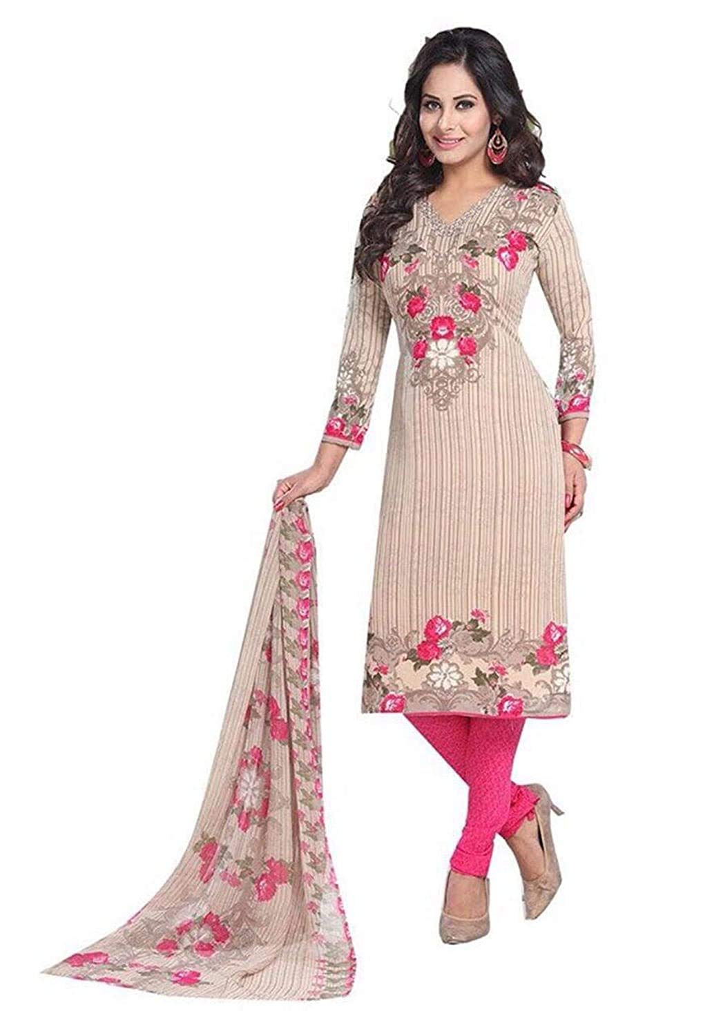 JANUDI Women's Printed Unstitched Salwar Suit Dress Material Beige