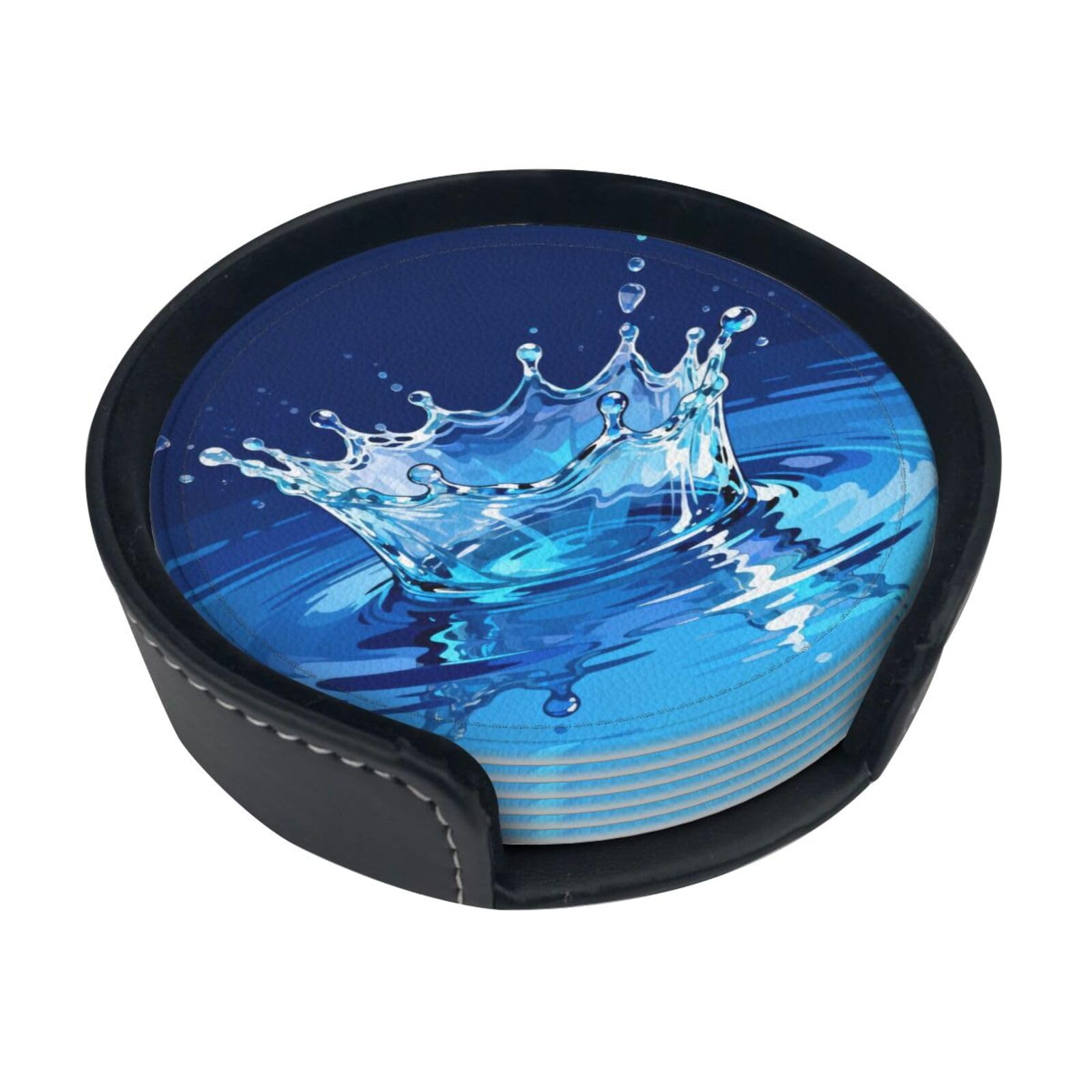 Cntdbu White Water Drop Splash Leather Coasters Set Of 6-Pu Leather Drink Mats For Table, Heat Resistant Round Coasters With Holder
