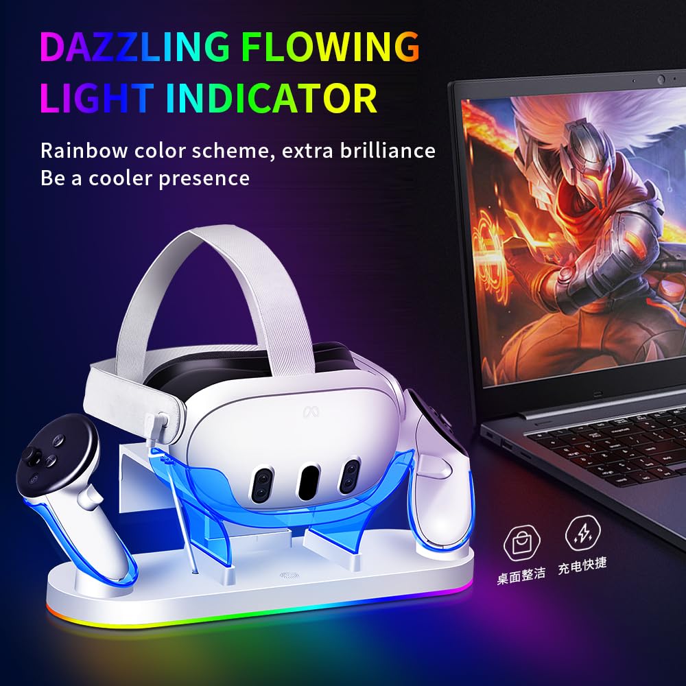 Station de Charge Rapide 18W RGB pour Meta Quest 3/3S, avec 2 Batteries Rechargeables, 8 Modes de Lumière LED, Accessoire de Charge USB-C pour Oculus/Meta Quest 3/3S, Compatible avec Strap Eli