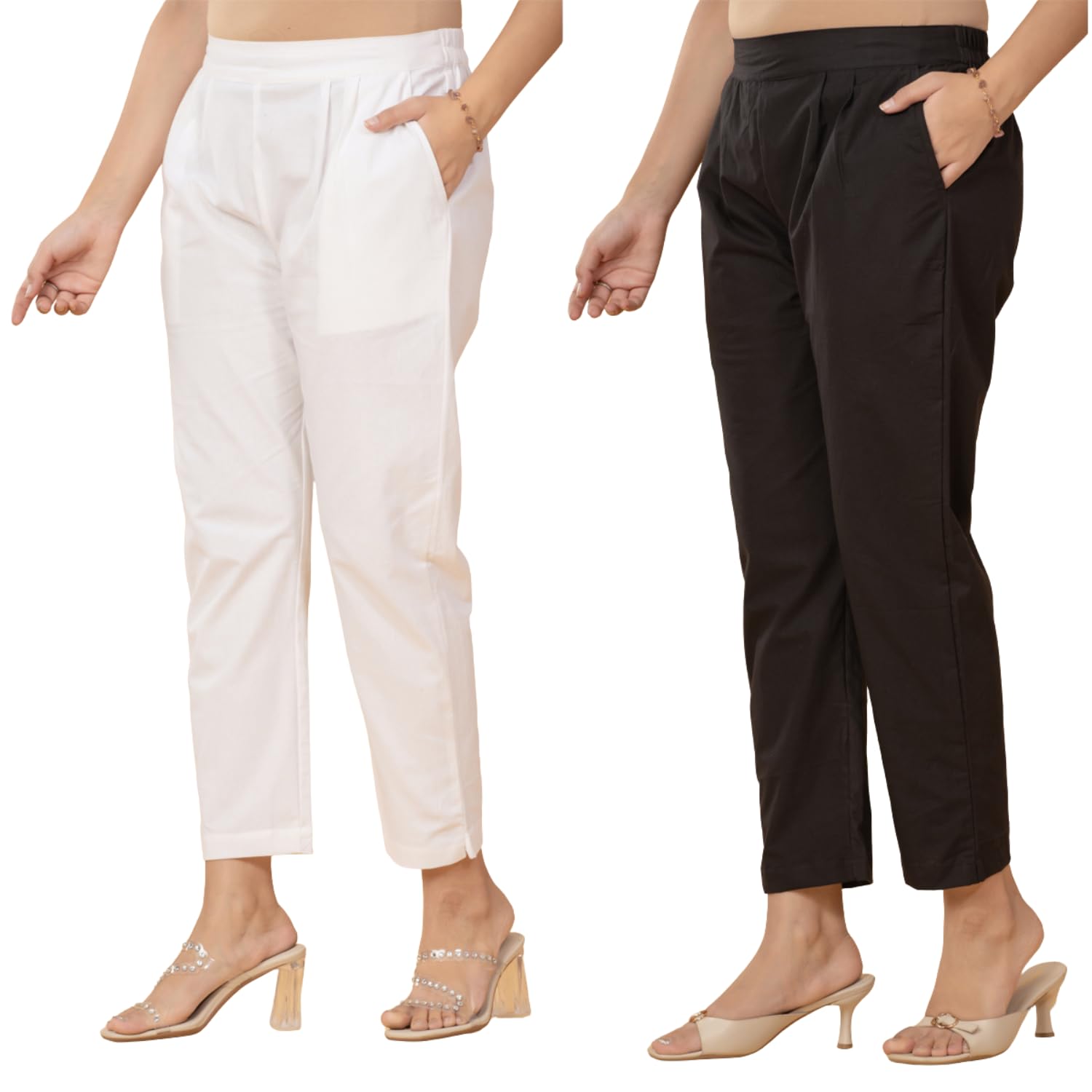 Women Cotton Straight Fit Ankle Length Pants – Pack of 2 Elastic Waist with Side Pockets | Minimal Solid Design-image-16