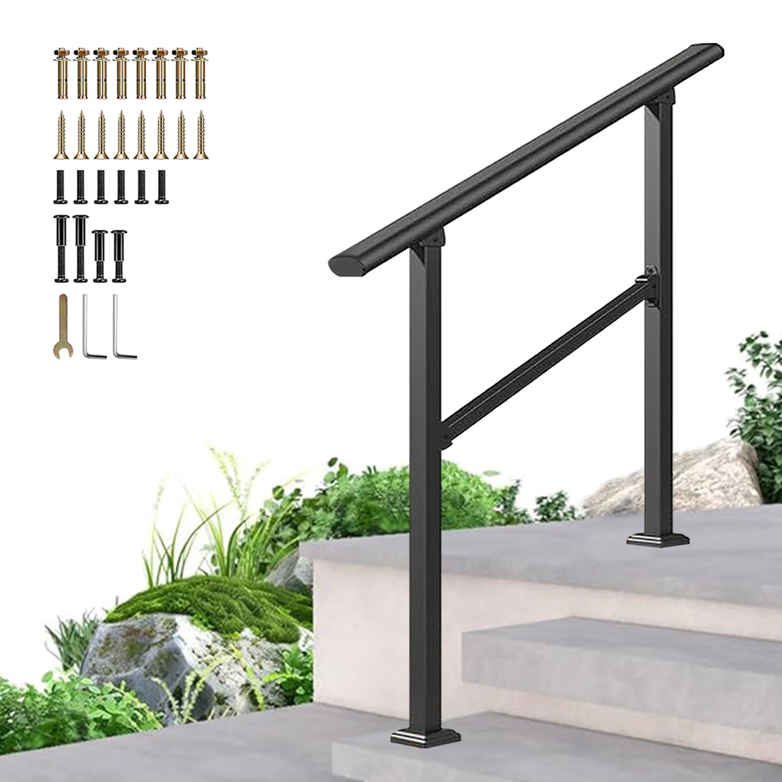 Stainless Steel Outdoor Stair Railing, Floor Mounted Transitional Handrail for Concrete or Wooden Steps, Adjustable Garden Handrails with Installation Kit(A,80cm/32inch)