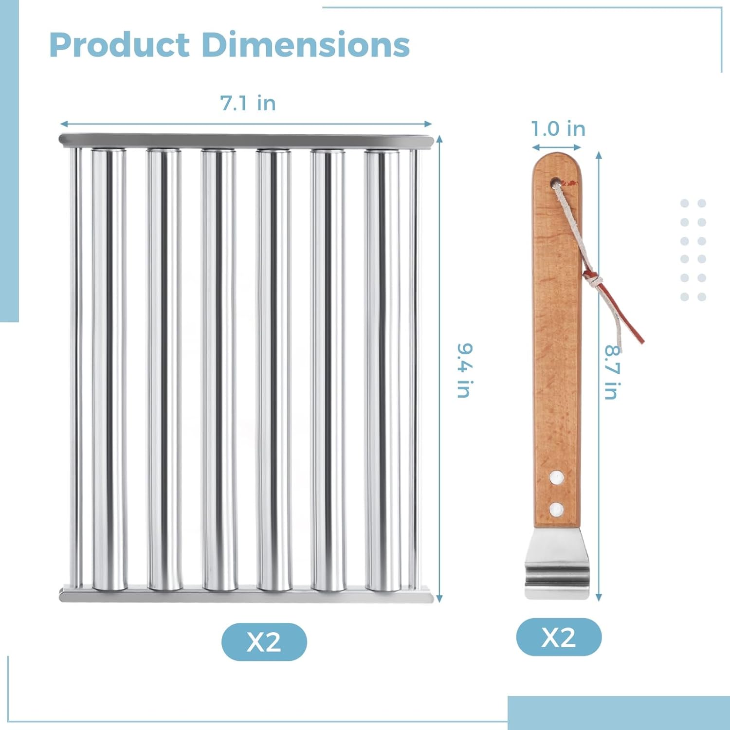 2PCS Hot Dog Roller for Grill, BBQ Hotdog Roller Grill, Stainless Steel Sausage Roller Rack with Wood Handle, Barbecue Roller Tools, Grilling Accessories for Outdoor, 9.4 x 7.1 Inch