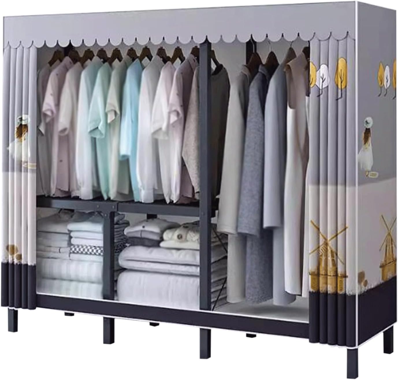 Portable Wardrobe Closet with Hanging Areas Metal Steel Closet Clothes Closet for Bedroom Hanging Foldable Wardrobe Closet, 140cm/55.1in(C)