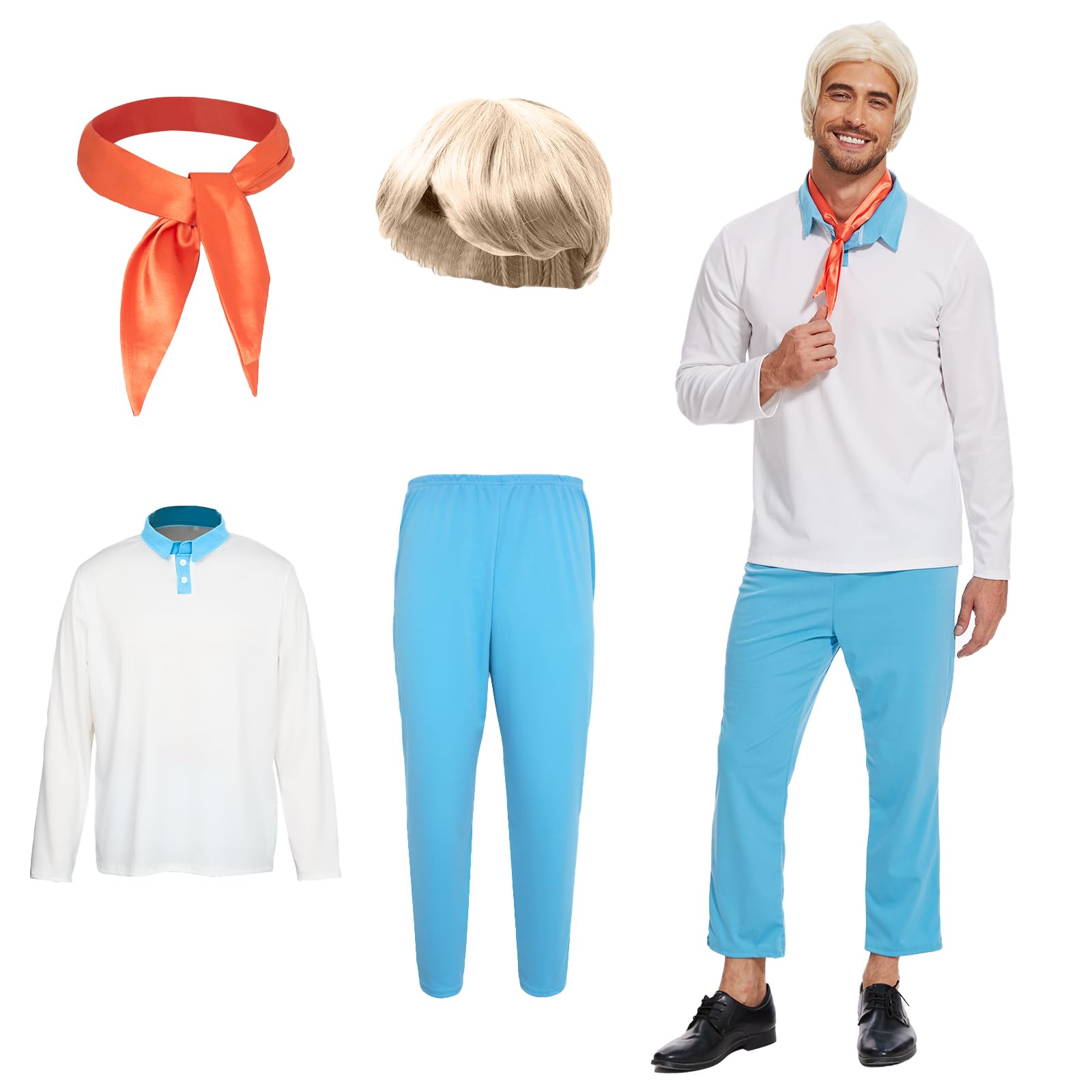 Men Classic Movie Set Adult Halloween Costume Long Sleeve Shirt with Wig Orange Scarf and Trousers