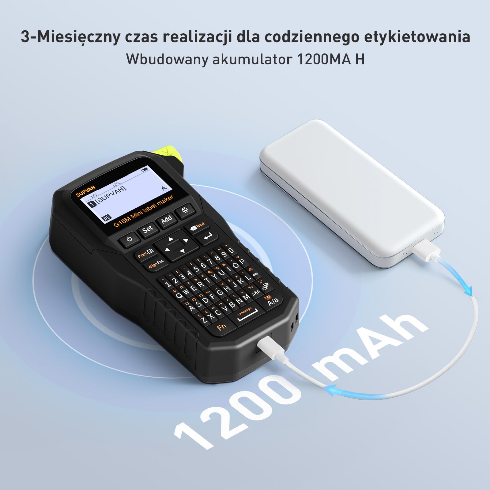 SUPVAN G15M Mini Ręczna Drukarka Etykiet z Rurką Termokurczliwą | Transfer Termiczny, Dla 11 Typów Etykiet, Podświetlany Wyświetlacz, Ładowalny, Wąski Margines, do Domu, Biura & Przemysłu