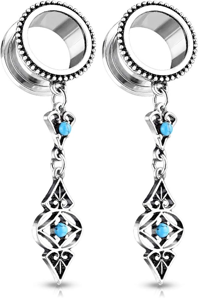 Pierced Owl - Antique Silver Plated Tribal Dangling Turquoise Charms Screw Fit Tunnel Plugs, Sold as Pair