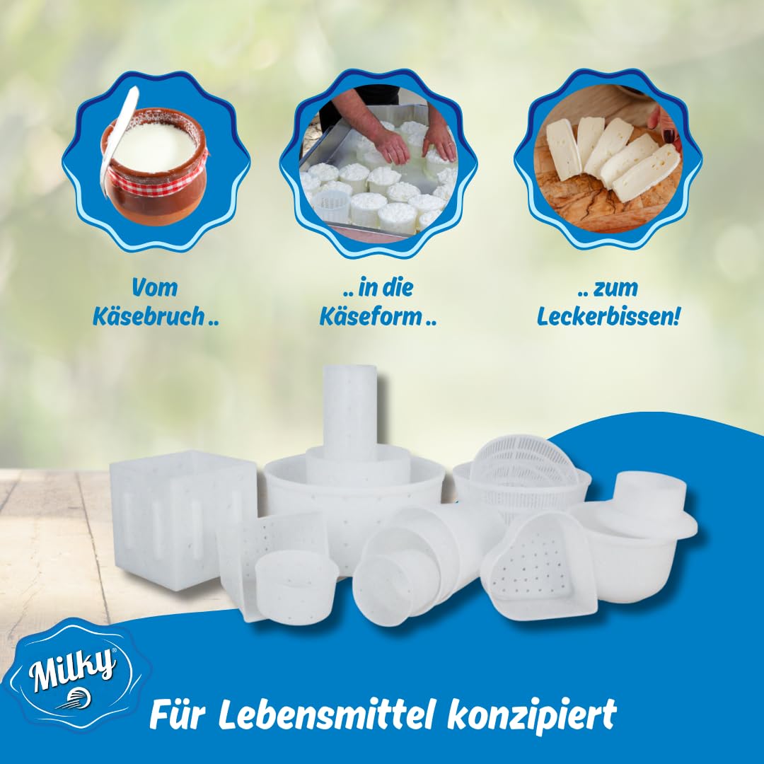 Milky Käseform Vorteilspackung – Lebensmittelechte und BPA-freie Käse Korbform für Weichkäse & Schnittkäse – Kleinere Käseform für gleichmäßige Reifung – Wiederverwendbare Käseformen