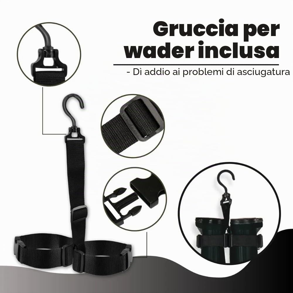DaddyGoFish Wader pettorale per bambini e adulti, Waders da pesca e da caccia con tasca e gancio per wader, Nero - Età 5-6