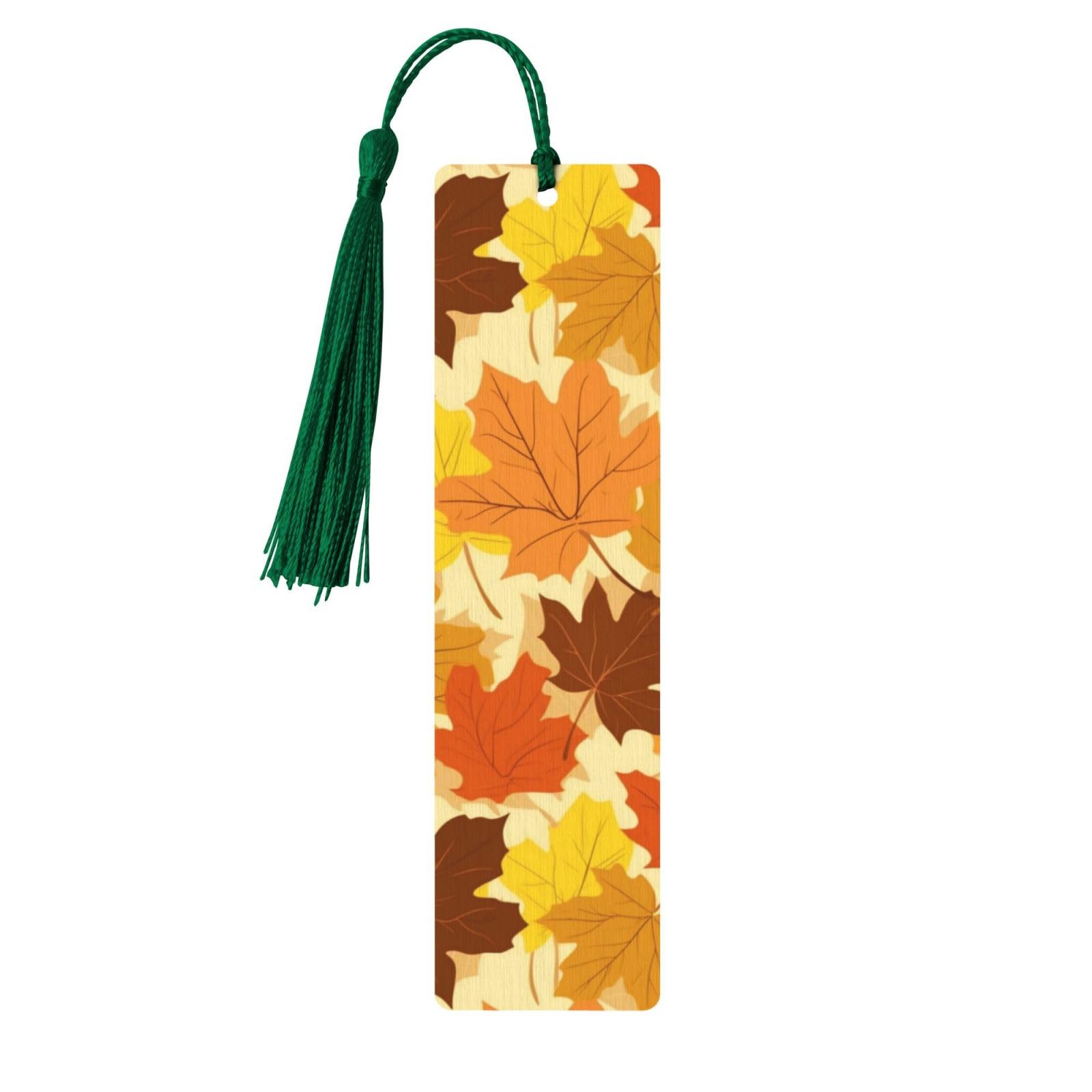 Maple Leaves Double-Sided Print Maple Leaves Bookmarks Wooden Book Marks with Dark Green Tassel, Colorful Fall Lightweight Page Markers Reading Accessories