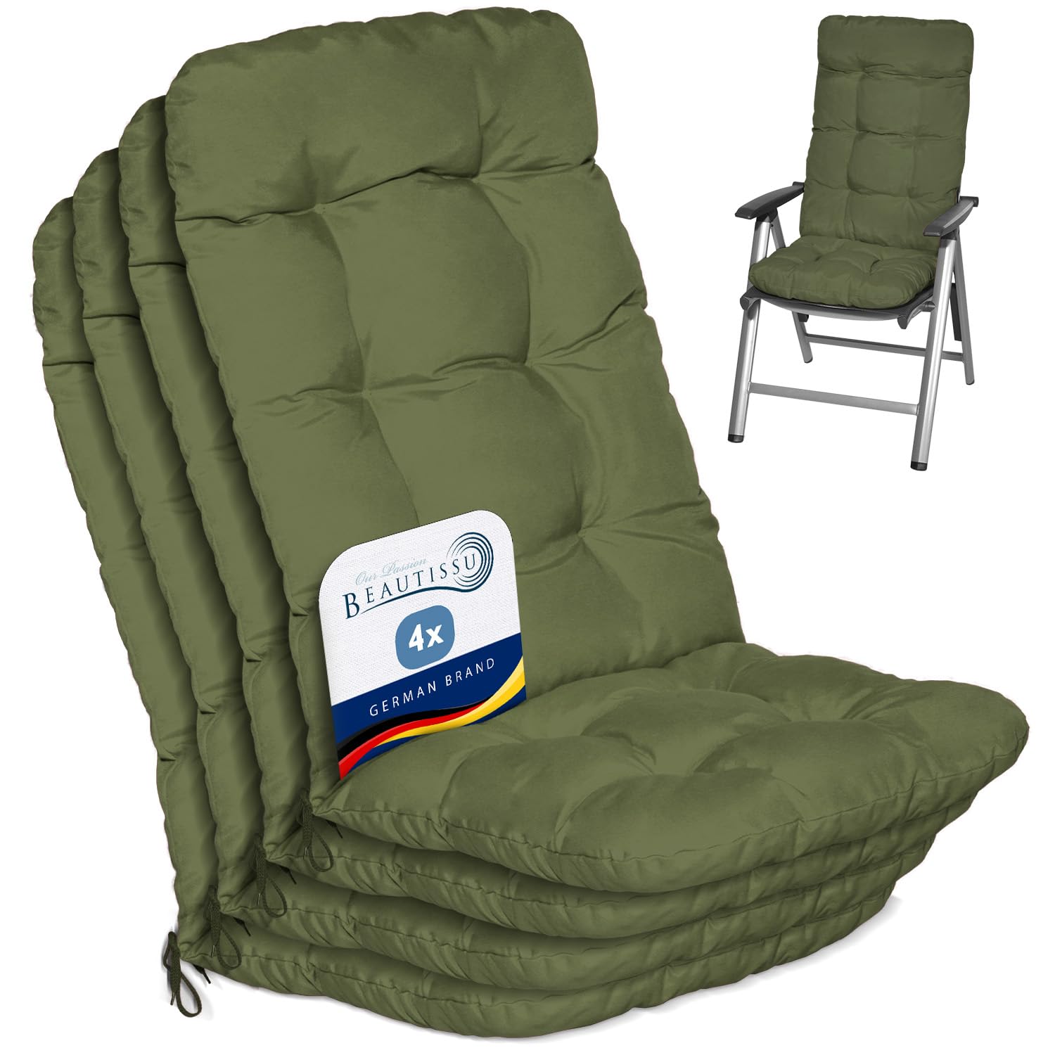 Beautissu Set of 4 Highback Garden Chair Cushions Set 120x50x8 cm - Olive Green Outdoor Seat Cushions for Garden Chairs with Backs Pillows for Recliner Patio Sunbed Bench - Flair HL