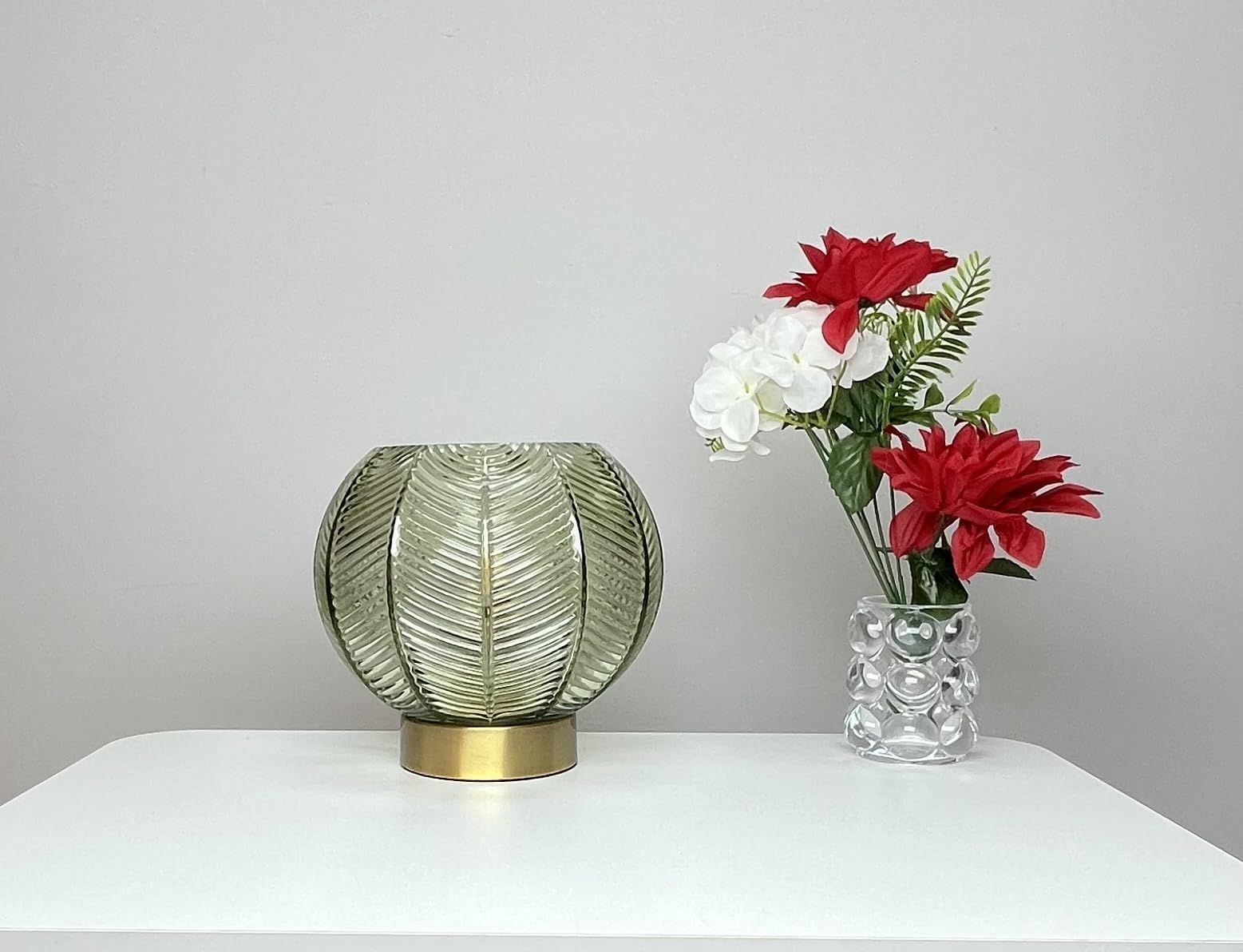 Leaf Design Table Lamp in Green, Smokey or Clear Glass Finish Options. Stunning Design Table lamp with Antique Brass or Chrome Bases. (Green)