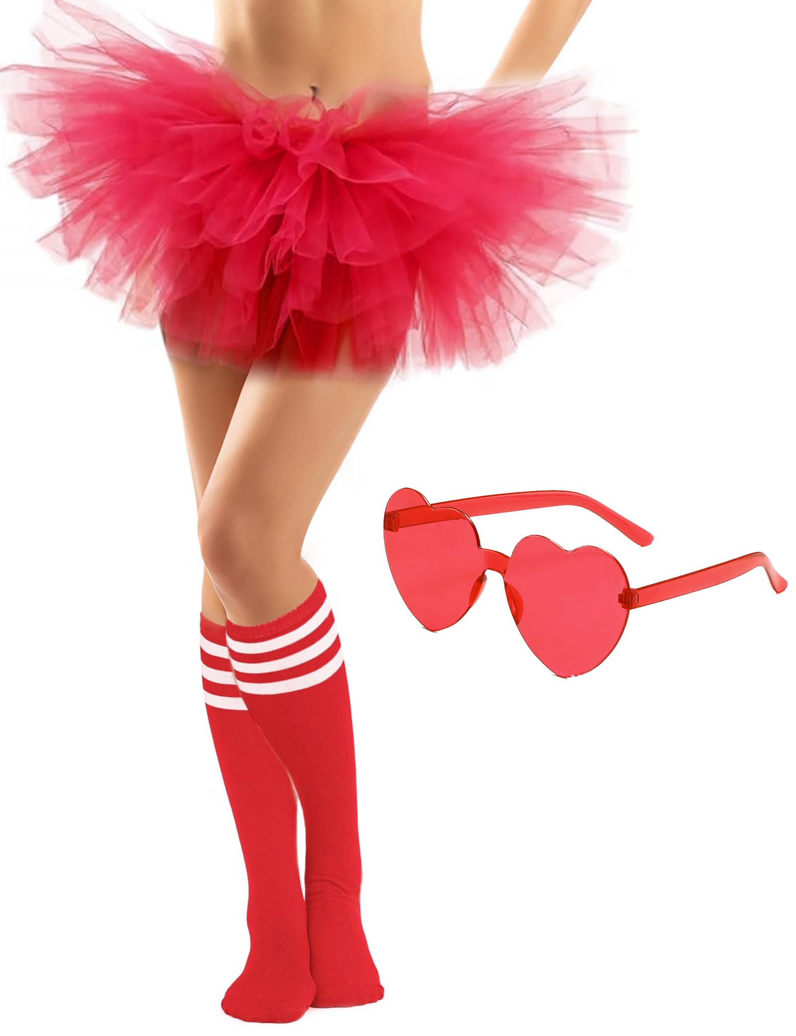 NSODREEM Adult Tutus for Women, 5 Layered Tulle Tutu Skirt Set with Heart Sunglasses and Knee High Socks Party Favors