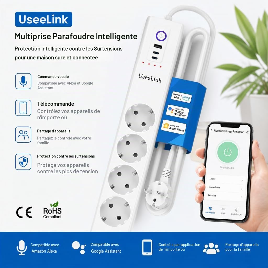 UseeLink Zigbee Power Strip Surge Protector 16A 3500W Fonctionne avec Alexa Home Assistant 4 Prises AC Commutateurs individuels Hub requis Certifié CE Module ZHA Zigbee 2Mqtt