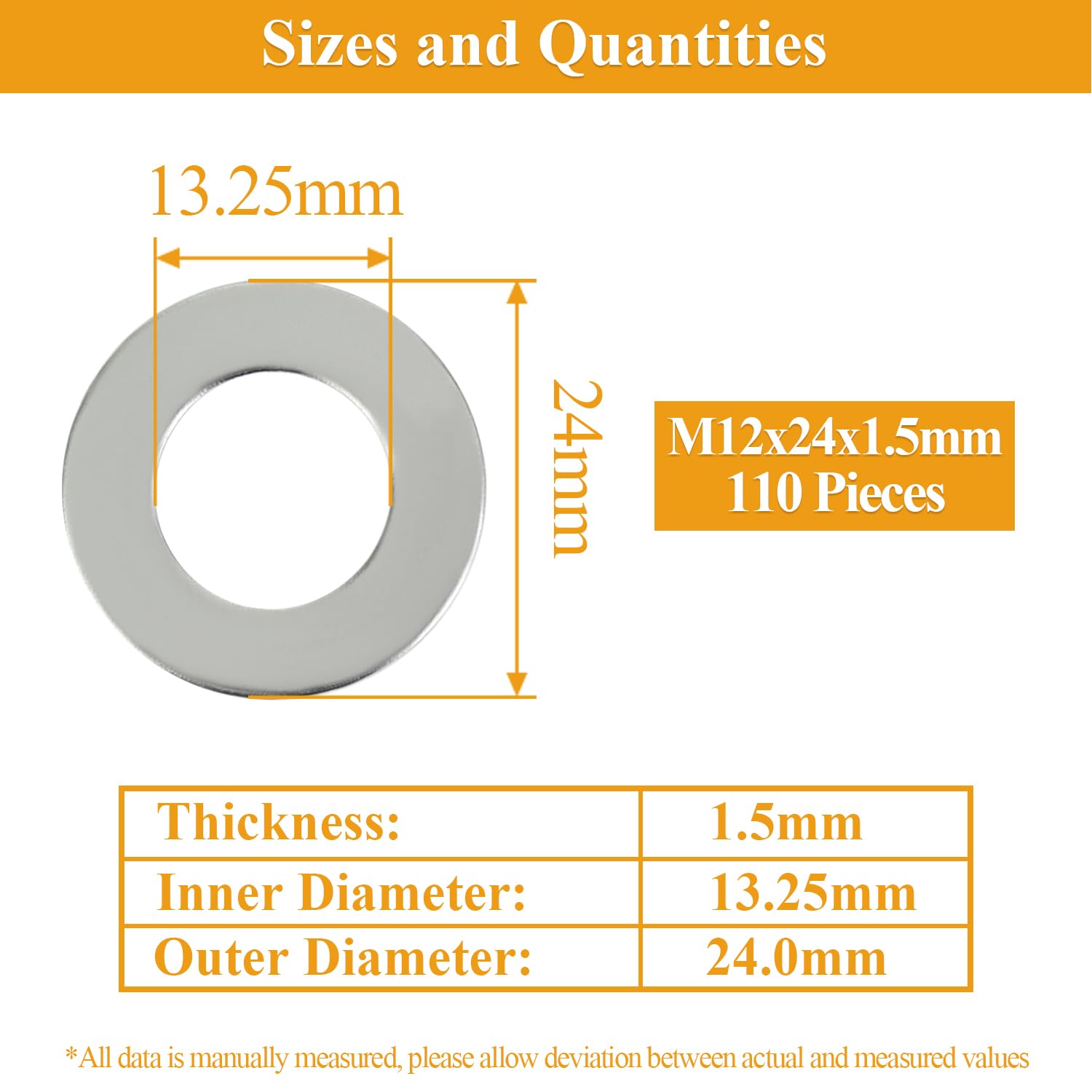 110 arandelas de guardabarros M12 x 24 x 1,5 mm, arandelas planas de acero inoxidable 304, arandelas de guardabarros, arandelas de metal para tornillos y pernos
