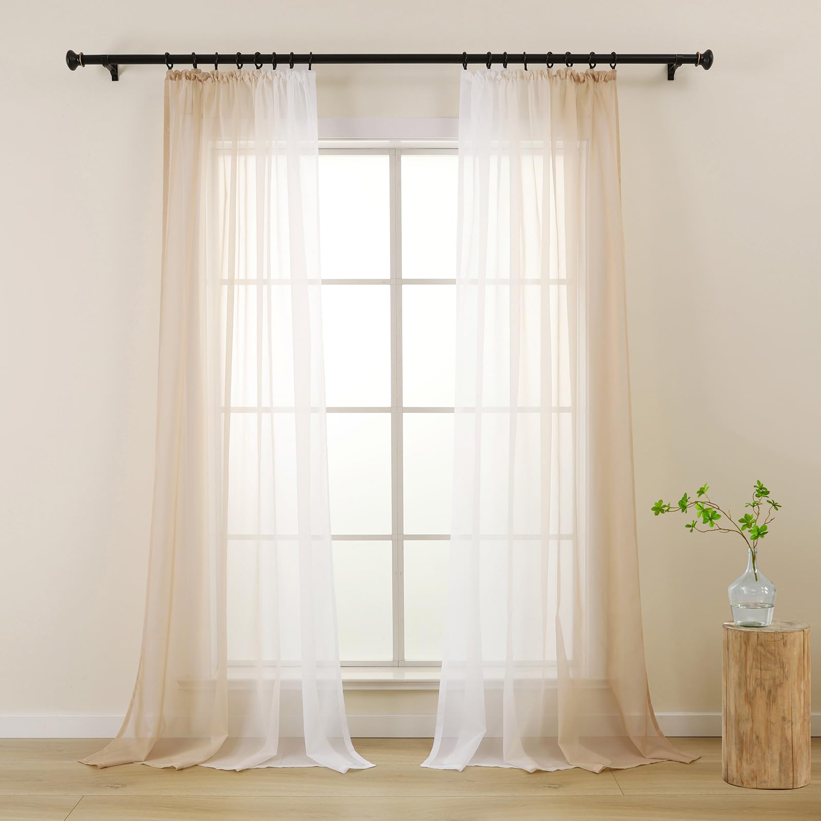 L.Z.E Beige and White Voile Curtains for Living Room, Pencil Pleat Light Beige Ombre Sheer Curtains & Drapes for Bedroom Kitchen Bay Windows, Transparent, 69 Inch Drop 175 cm Short Colour Gradient — image 1