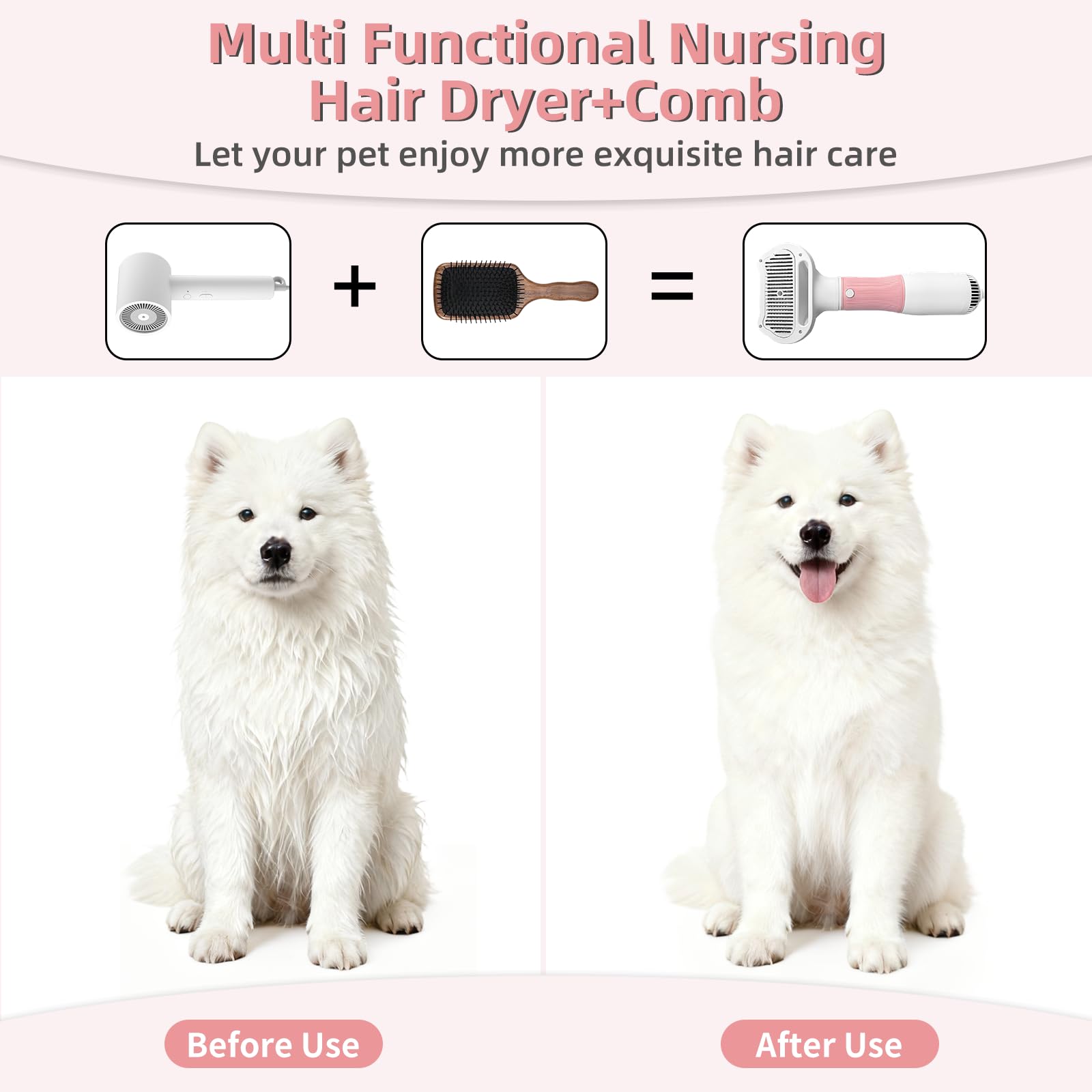 Séchoir de toilettage pour chien avec brosse lissante, séchoir portable professionnel 3 en 1 pour chiens et chats Réglages de température réglables, brosse soufflante pour une utilisation à la