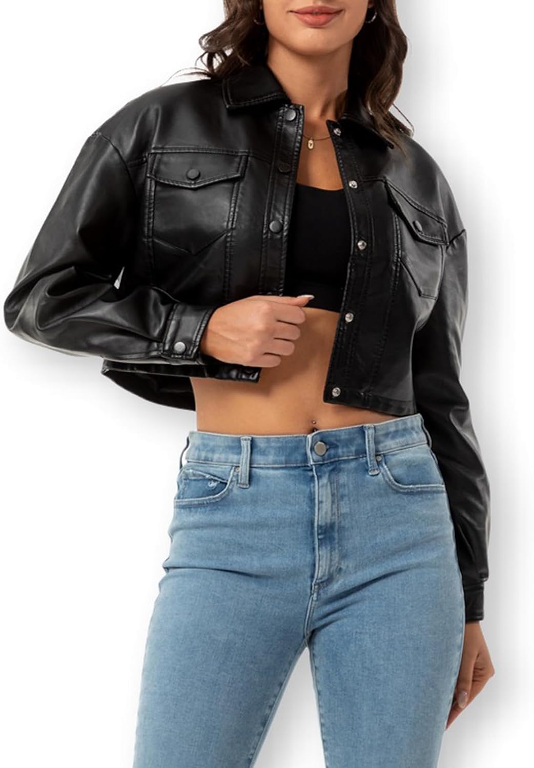 CHIGUO Women Faux Leather Cropped Jacket Trendy Moto Biker Short Jacket Fashion PU Coat Party Jacket