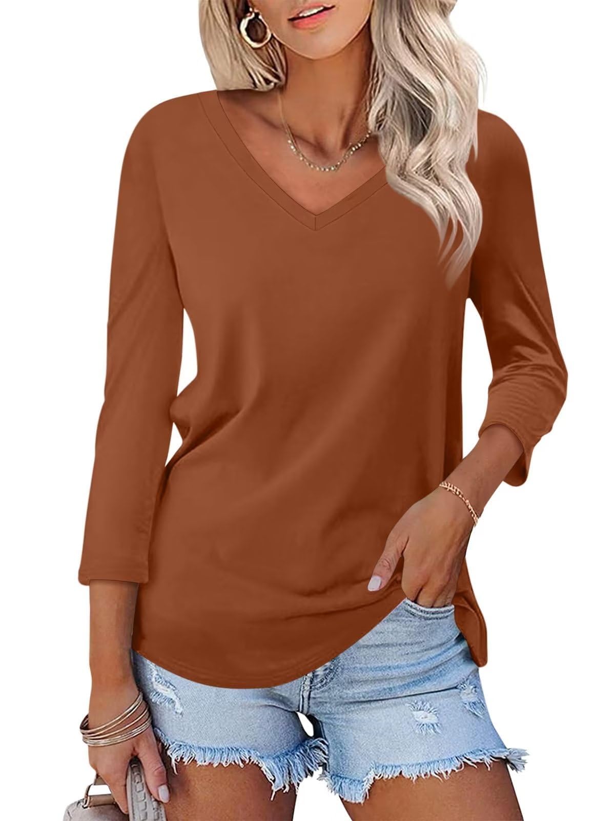 BLMFAION Womens Plain Soft V Neck 3/4 Sleeve T Shirt Casual Basic Tunic Tops