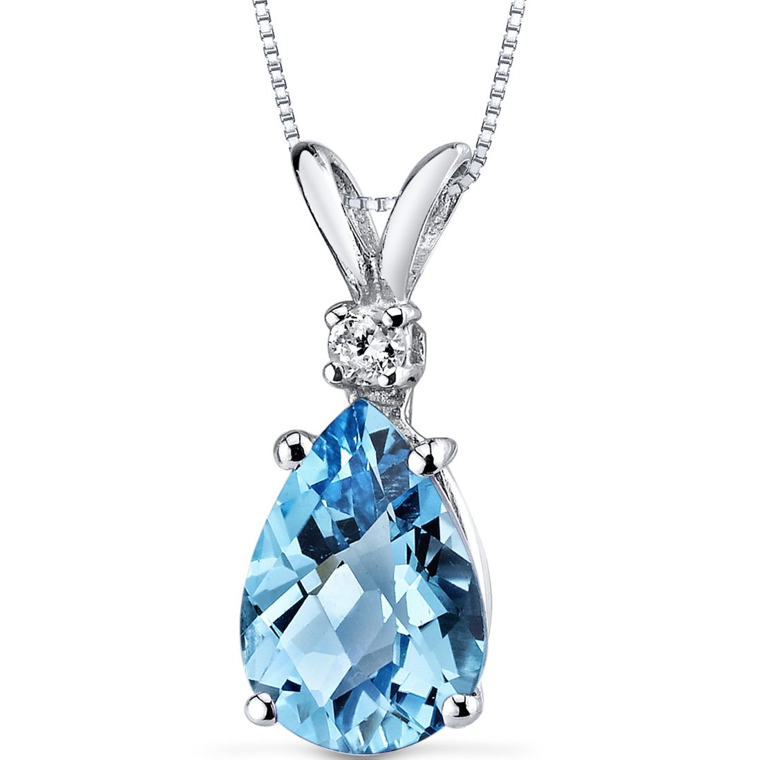 PEORA 14K White Gold Swiss Blue Topaz with Diamond Pendant for Women, Natural Gemstone Teardrop Solitaire, 2.30 Carats total Pear Shape 10x7mm, Blue