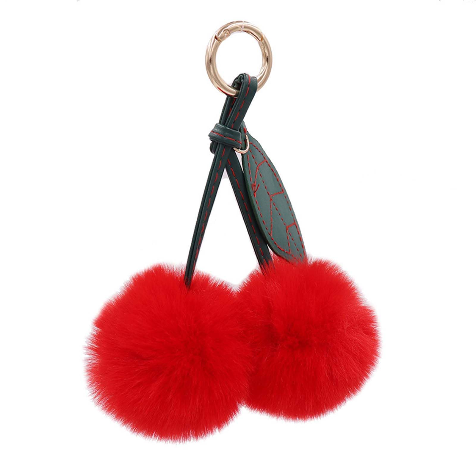Litwlly Cherry Keychain Plush Pom Pom Bag Charm with Cherry Pendant Fluffy Handbags Backpacks Keyring Accessories for Women (Red)