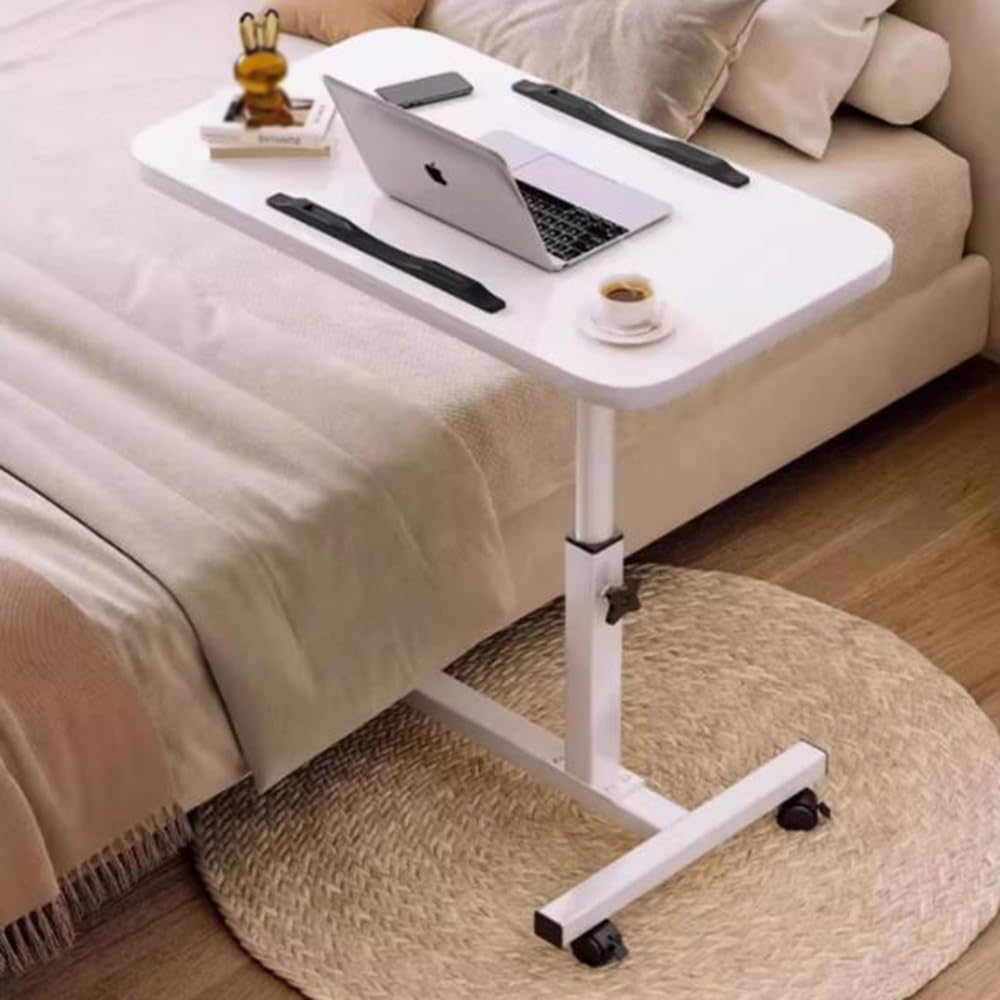 REDEXI Rolling Bedside Table C Shaped White Nightstand Home Use Overbed Table Laptop Cart with Wheels for Living Room Bedroom Hospital