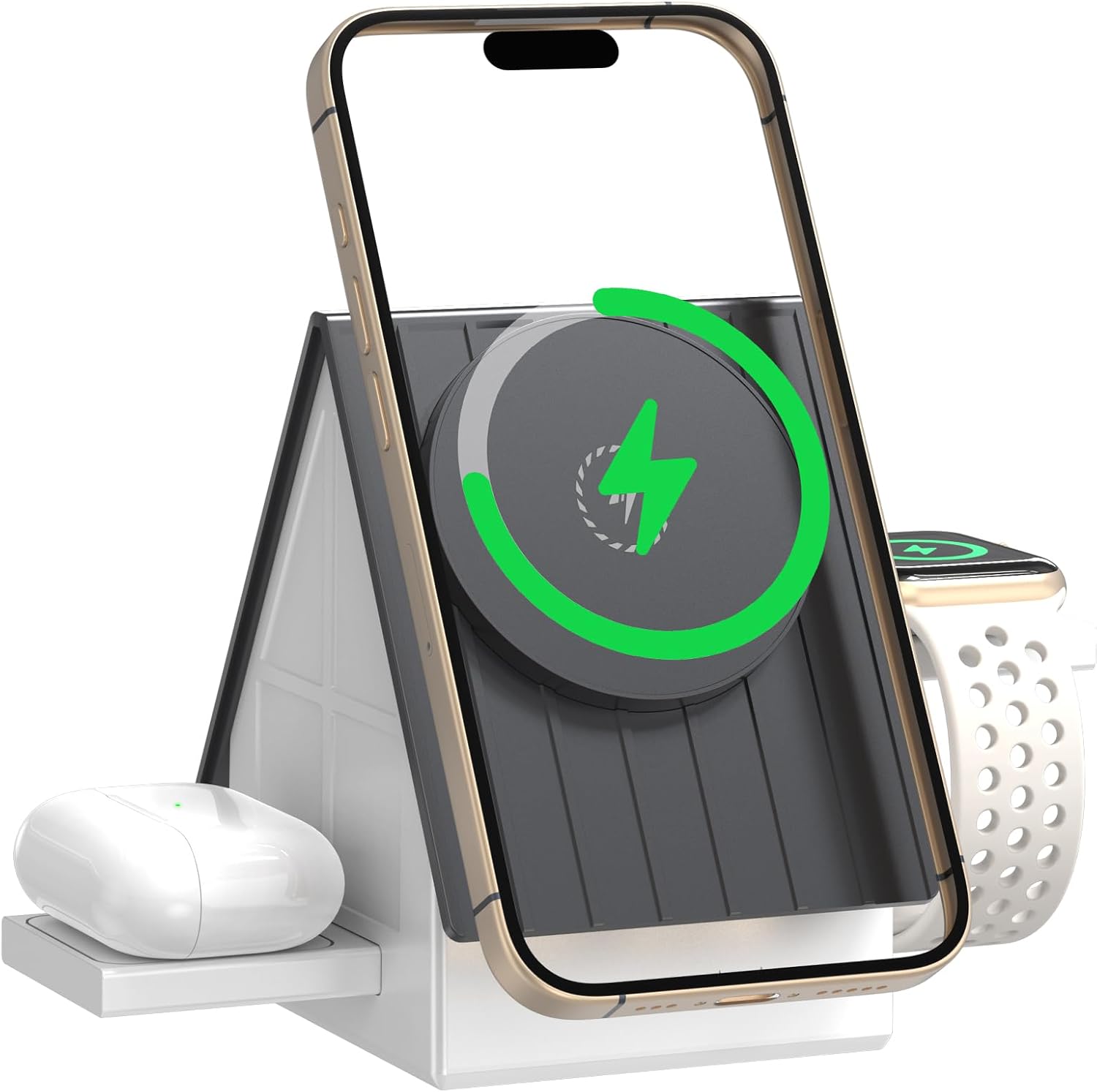 3-in-1 Wireless Charging Station with Soft Touch Night Light, 15W Fast Charger Stand for iPhone, Apple Watch & AirPods, Home Style Dock (Grey-White)