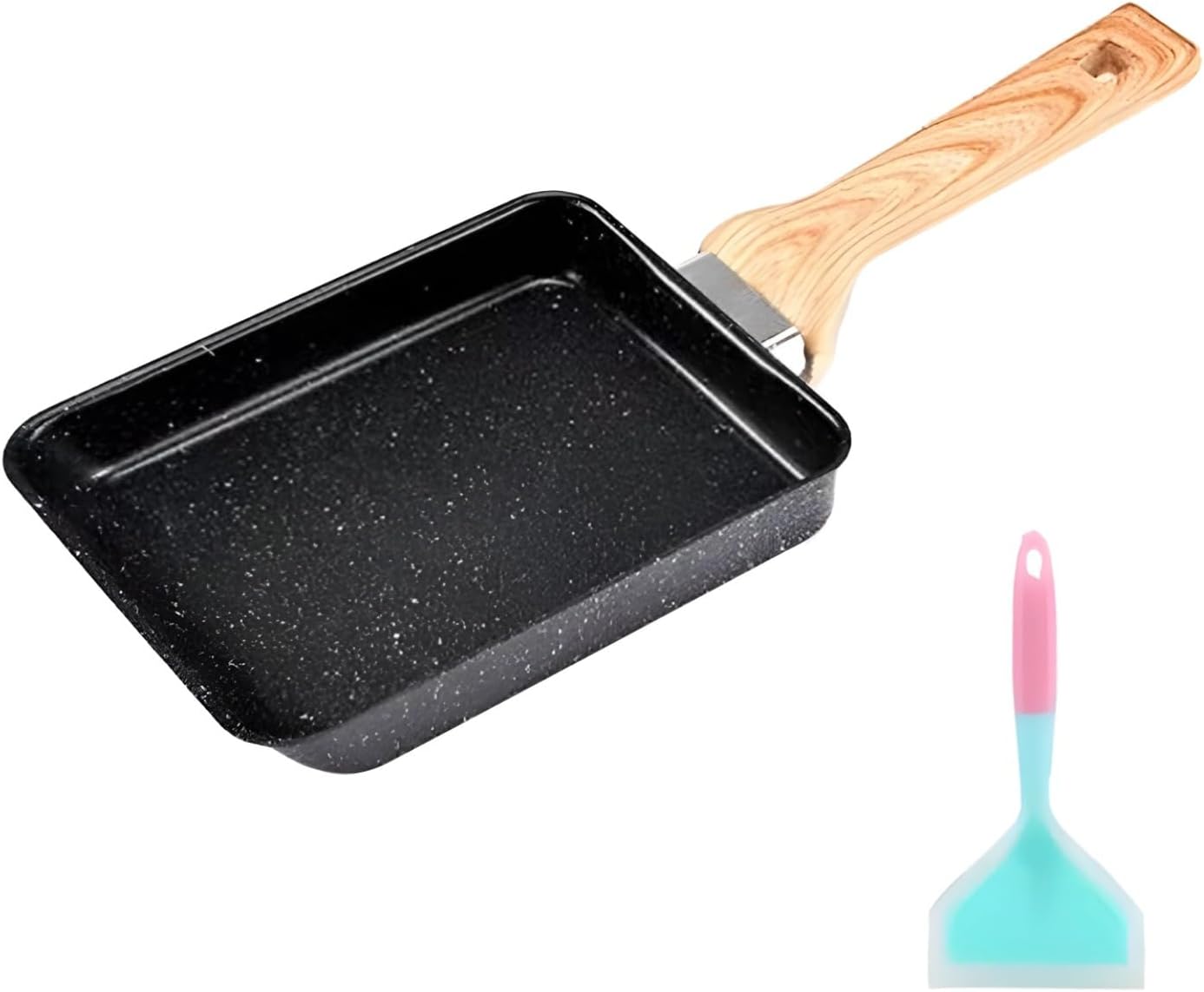 Nonstick Japanese Omelette Egg Pan, 7.9 in, with Spatula, Rectangular Tamagoyaki Pan for Kitchen, Wooden Handle, Deepened Design
