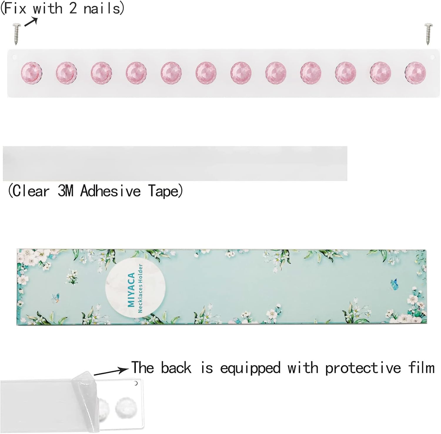 2 Pack Necklace Hangers Acrylic Necklaces Holder Wall Mounted Jewelry Organizer Hanging Pink