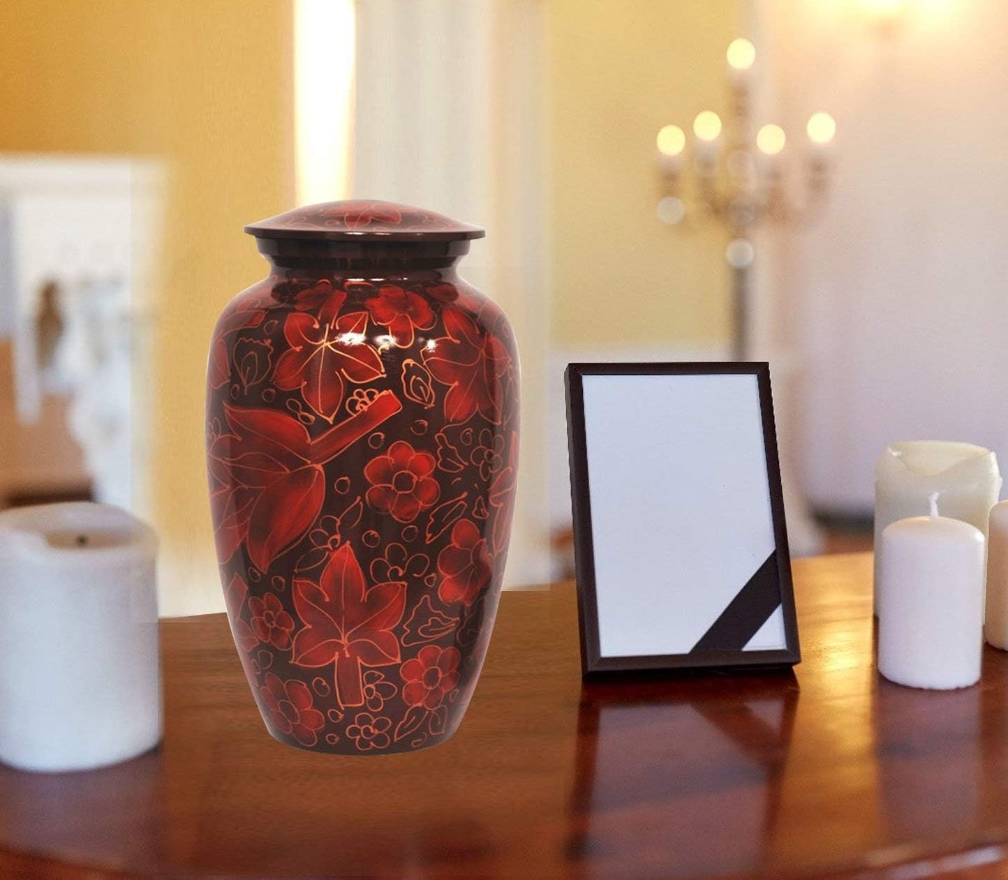 Floral Crimson Cremation Urn for Human Ashes - Adult Funeral Urn Handcrafted - Affordable Urn for Ashes - Large Urn Deal