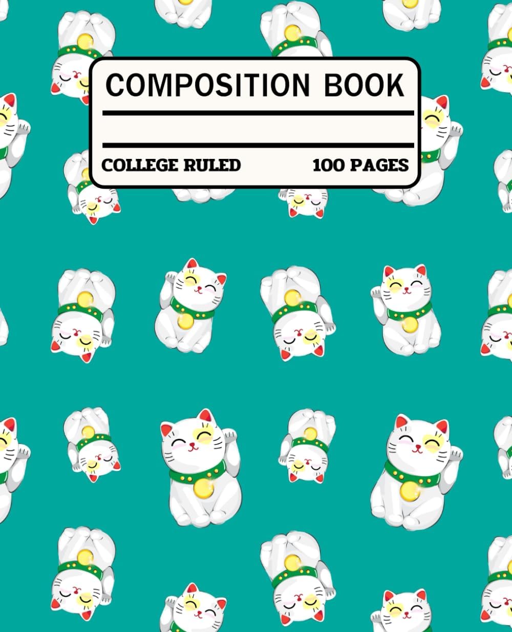Maneki-Neko Pattern - Lucky Cat Design with Green Collars and Gold Bells on Teal Background