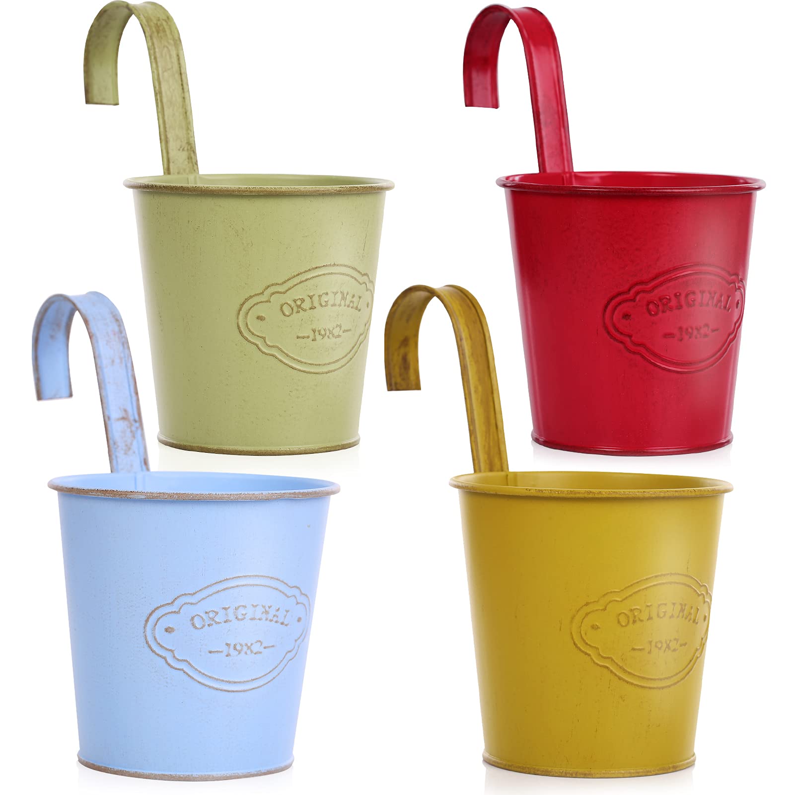 CITÉTOILE Set of 4 Hanging Flower Pots with Drainage Hole, Colourful Metal Flower Pot with Removable Hooks, Vintage Style Decoration, Balcony, Garden, Wall, Fence, Outdoor, Interior Wall, Model 03