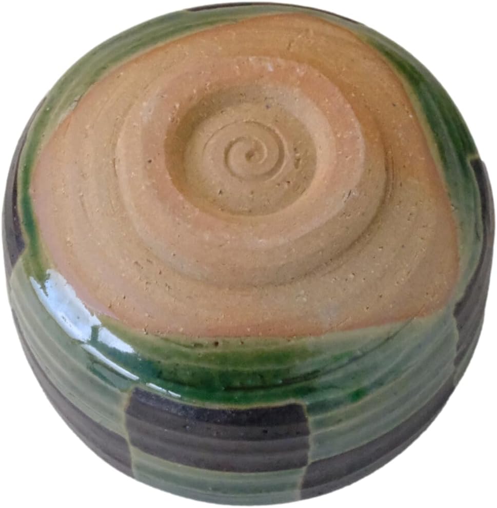 Japanese Mino Ware Pottery Matcha bowl Checkered Pattern Oribe 4.72 Inches Diameter Tea Cup for Tea Ceremony from Japan (Green, Brown Ichimatu)