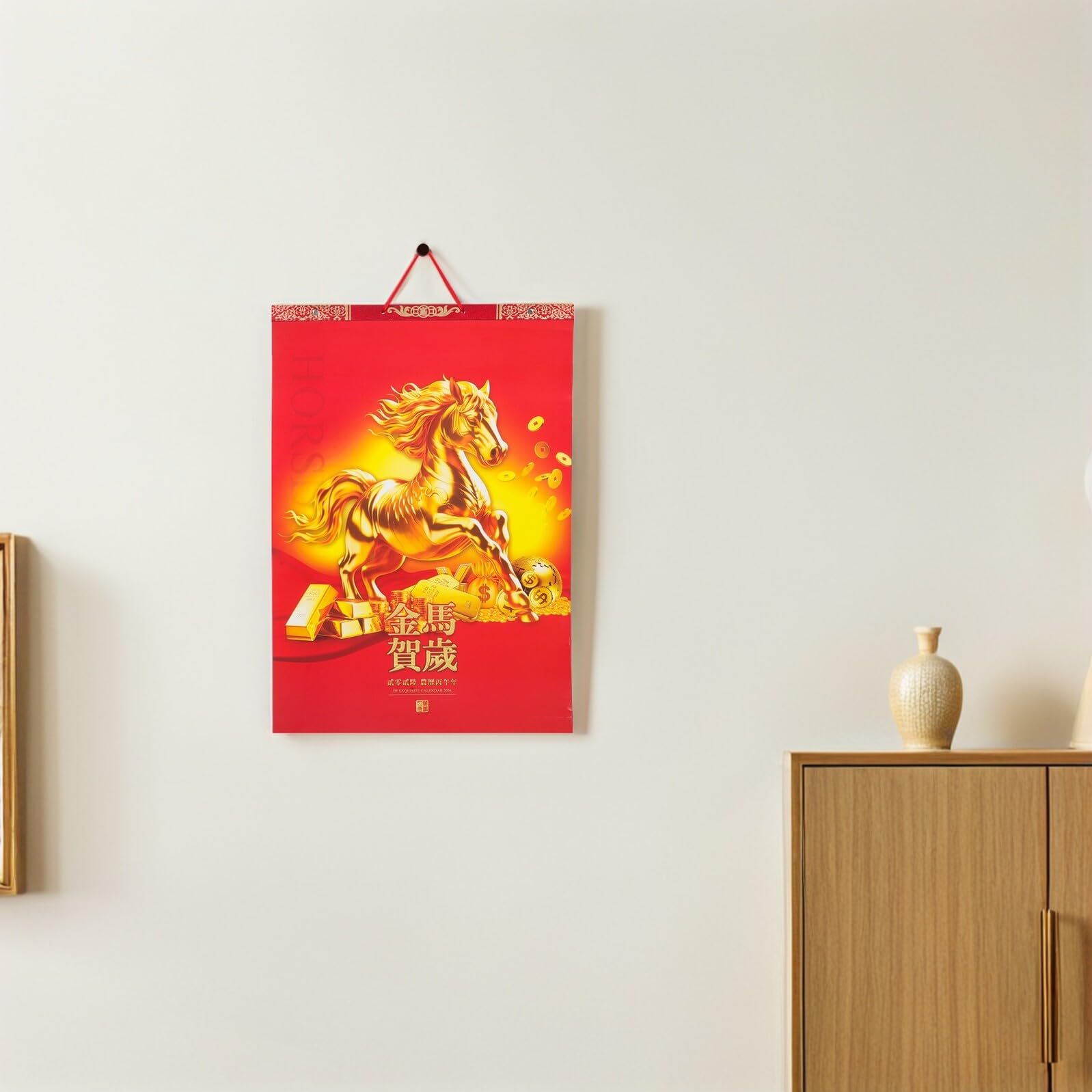 PLAFOPE Calendario de Pared 2026 del Año del Caballo Calendario Lunar Mensual con Fases Lunares Color Rojo Decoración Feng Shui para Oficina Hogar y Escuela